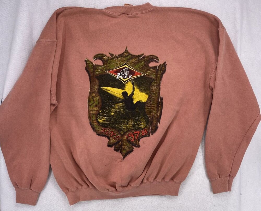 Vintage 90s Bear Surfboards Crewneck Sweatshirt XL Santee Pluma Salmon Pink USA
